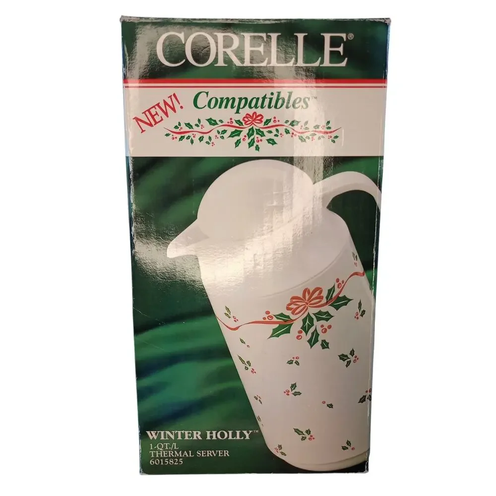 VTG 1992 Corelle Compatibles Winter Holly 1 Quart Thermal Server Coffee Carafe